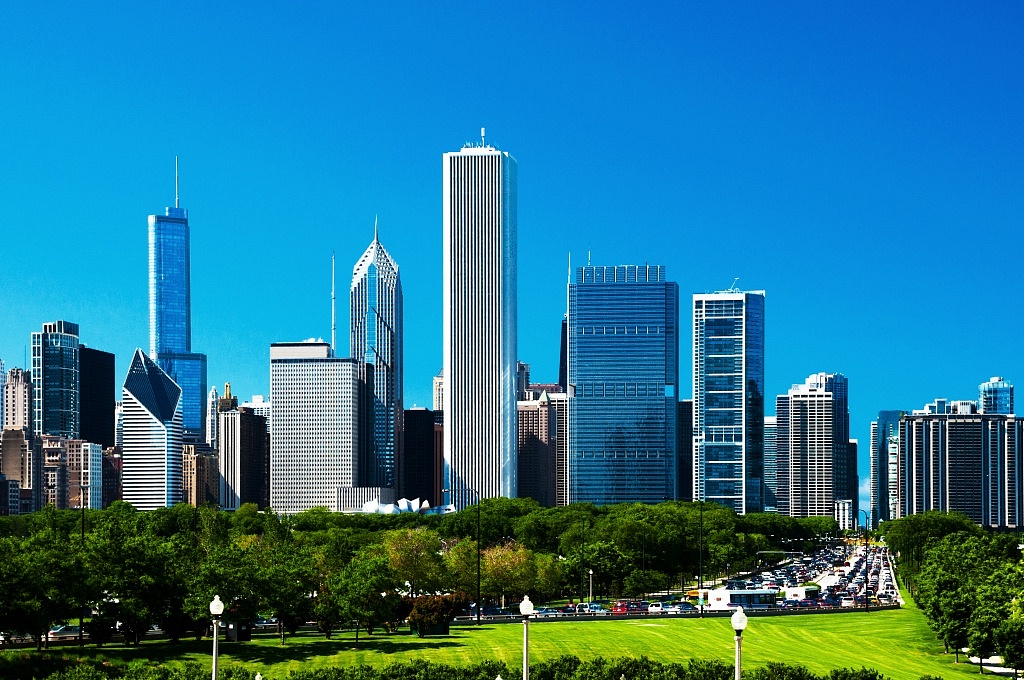 Chicago downtown skyline, Grant Park, and traffic jam